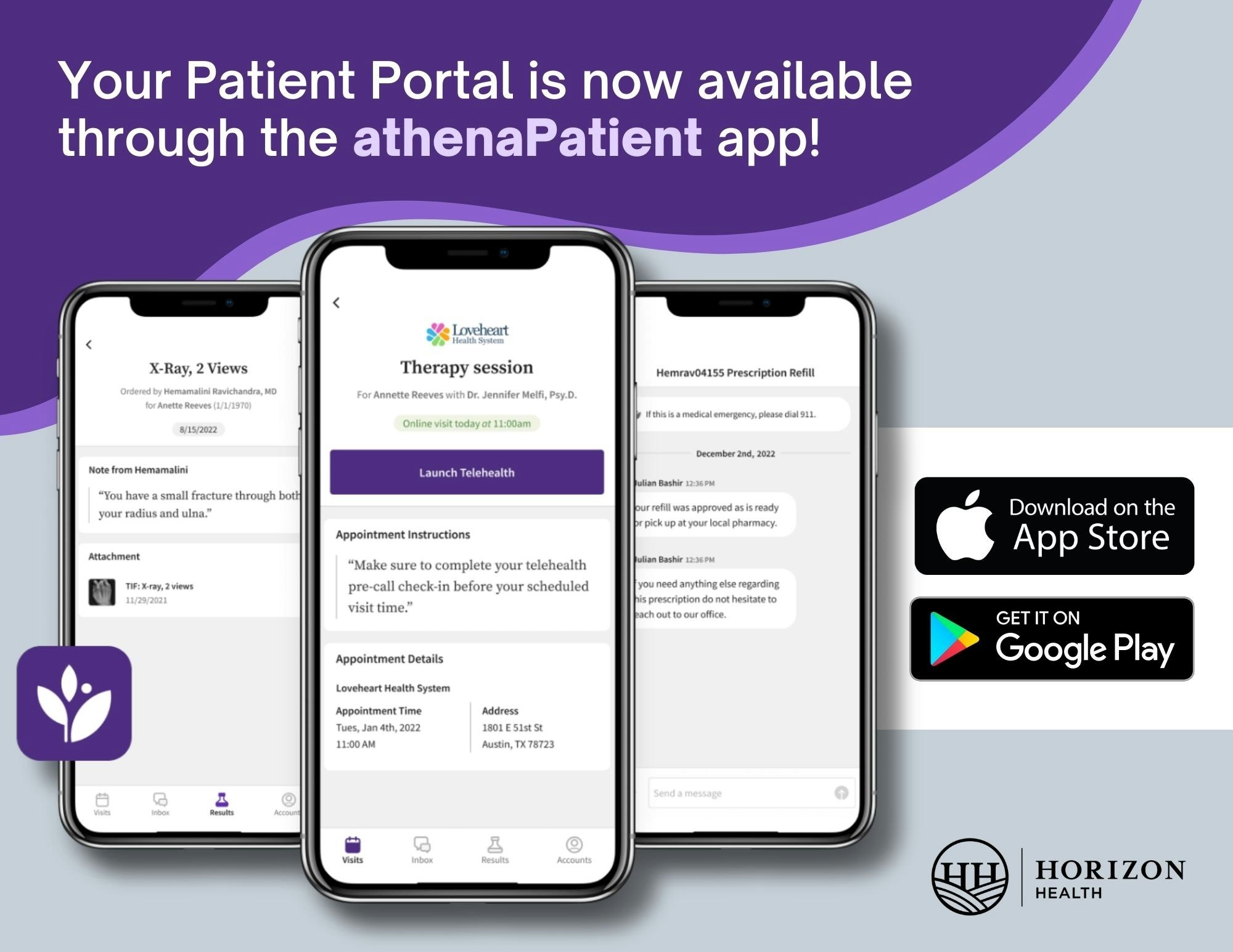 The image promotes the athenaPatient app for accessing your patient portal, featuring telehealth appointments and prescription refills.
