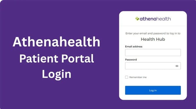 The image shows a login screen for the Athenahealth Patient Portal, asking for email and password to access the Health Hub.