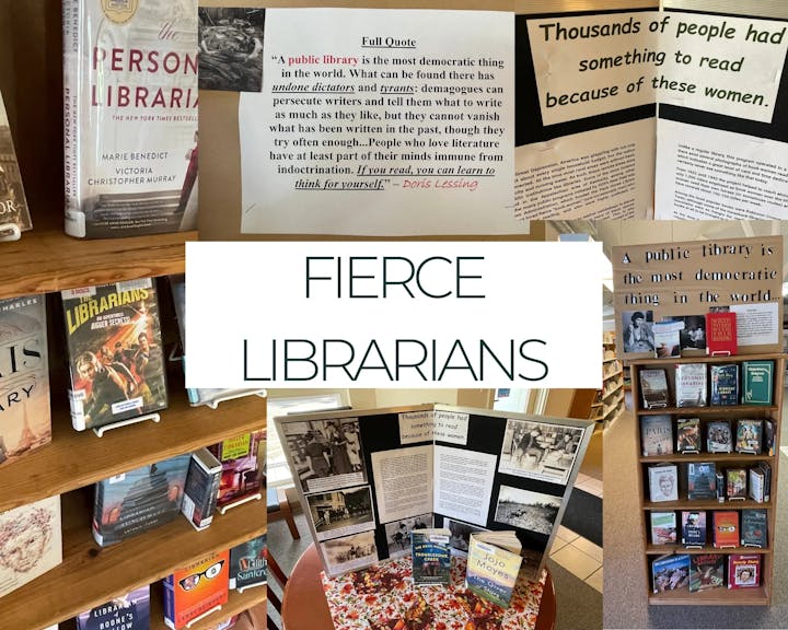 shelves of books and text reads fierce librarians