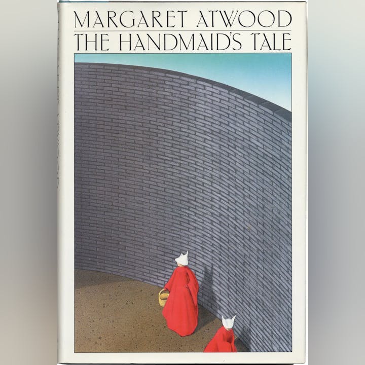 The image features the cover of "The Handmaid's Tale" by Margaret Atwood, depicting figures in red cloaks in a stark setting.