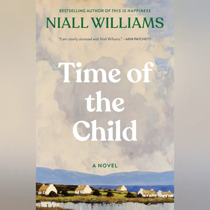 The image is the cover of "Time of the Child," a novel by Niall Williams, featuring a scenic landscape.
