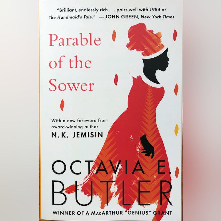 The image features the cover of "Parable of the Sower" by Octavia E. Butler, with a foreword by N.K. Jemisin.