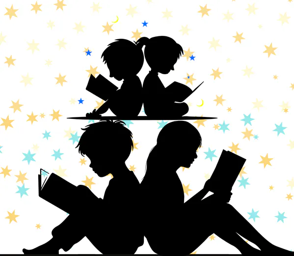 Silhouettes of children reading books with a starry background.