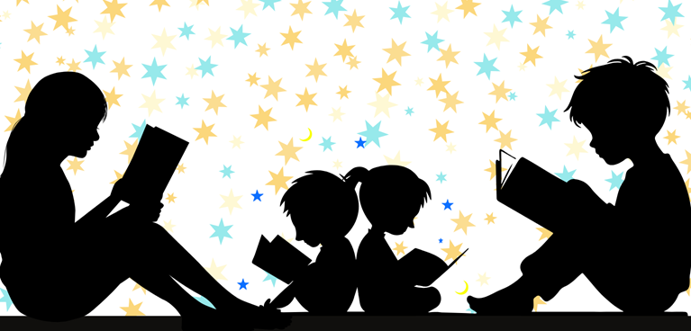 Silhouettes of four people reading books, set against a star-filled background.