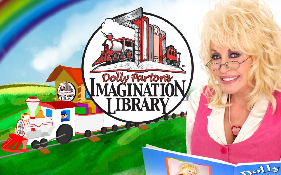 Promotional graphic for Dolly Parton's Imagination Library with a smiling person, colorful graphics, a train, rainbow, and books.