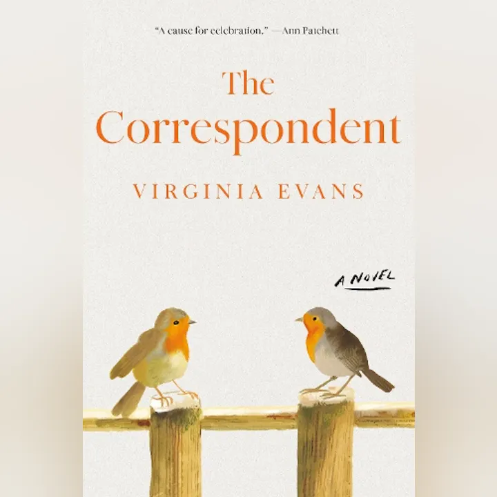 The image features the book cover of "The Correspondent" by Virginia Evans, featuring two birds on a fence.