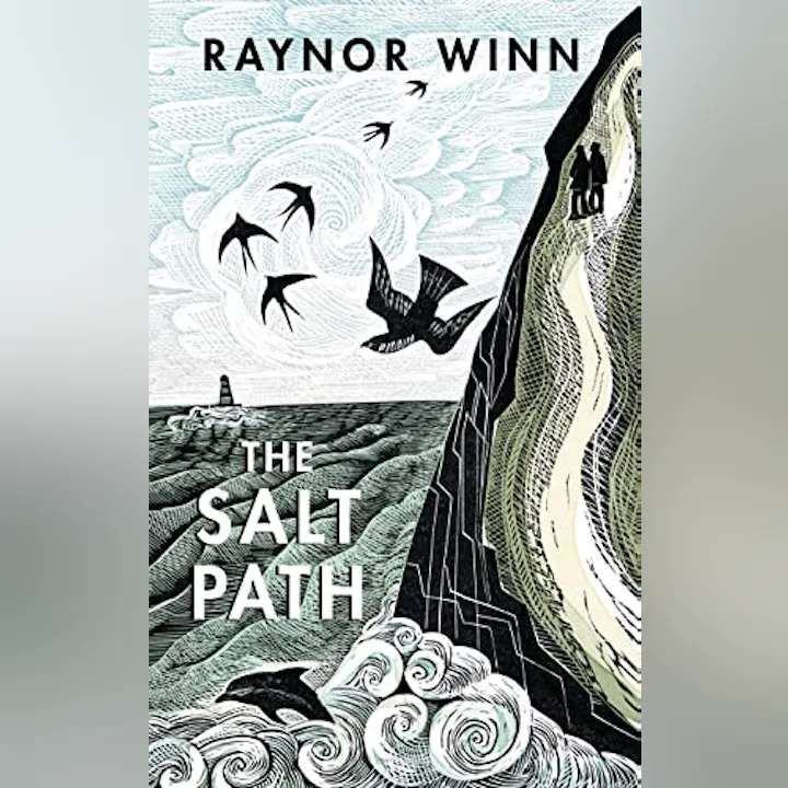 The image features the book "The Salt Path" by Raynor Winn, with a detailed illustration of waves, birds, and cliffs.
