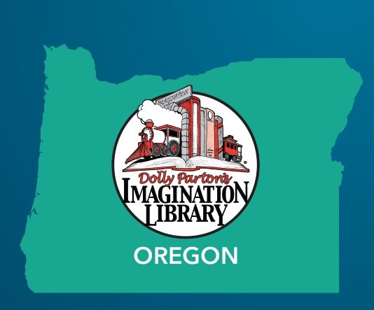 An Oregon state outline with a logo for "Dolly Parton's Imagination Library" inside it.