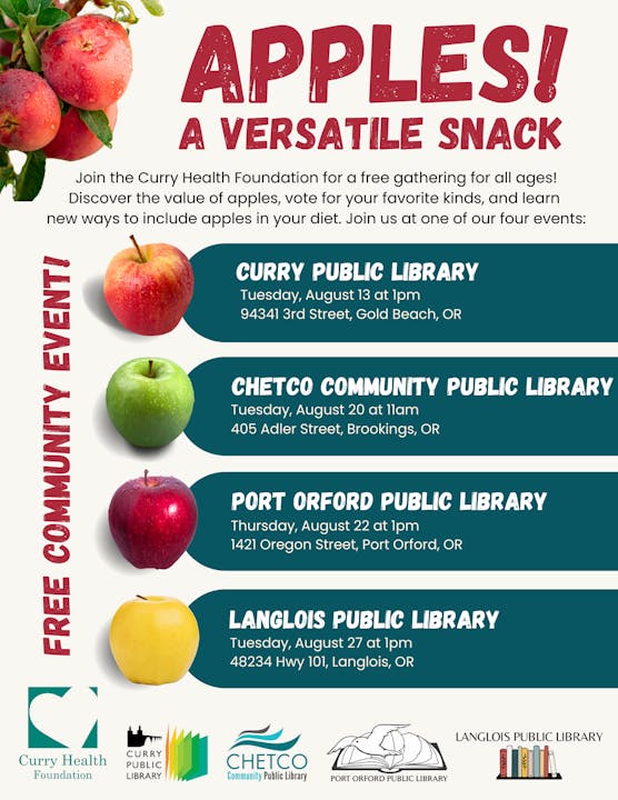 Poster for a community event about apples featuring dates, locations, and the hosting organization logos.