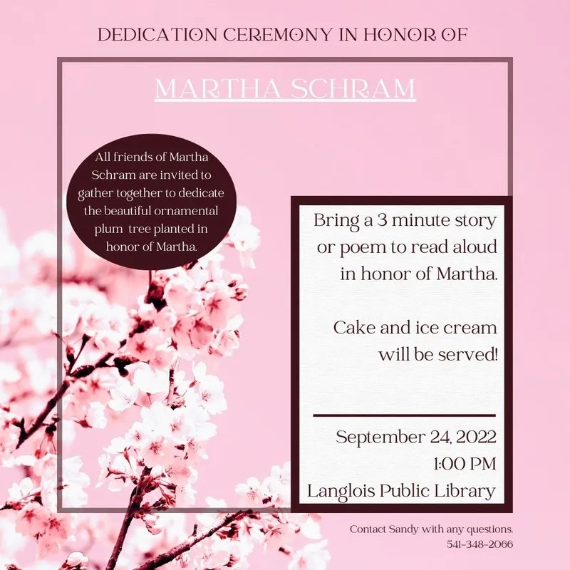 pink announcement reading dedication ceremony in honor of martha schram