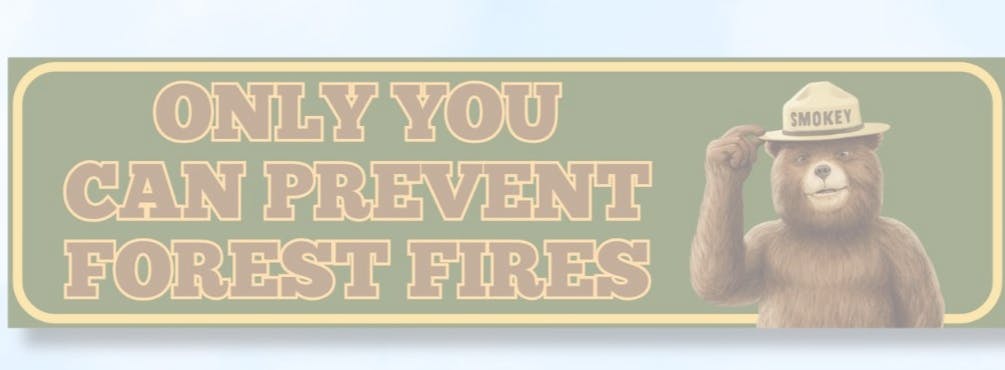 The image features Smokey Bear with the message: "Only you can prevent forest fires." It's a fire prevention campaign.