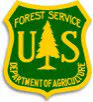 The image features the badge of the U.S. Forest Service, with a green background, a tree symbol, and the words "U.S. Forest Service" and "Department of Agriculture."
