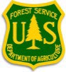 The image features the badge of the U.S. Forest Service, with a green background, a tree symbol, and the words "U.S. Forest Service" and "Department of Agriculture."