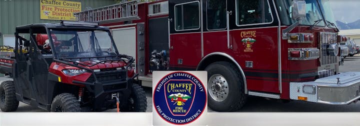 The image features a red fire truck and a utility vehicle from the Chaffee County Fire Protection District.