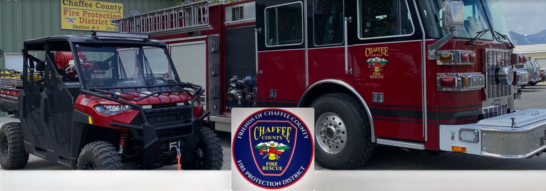The image features a red fire truck and a utility vehicle from the Chaffee County Fire Protection District.