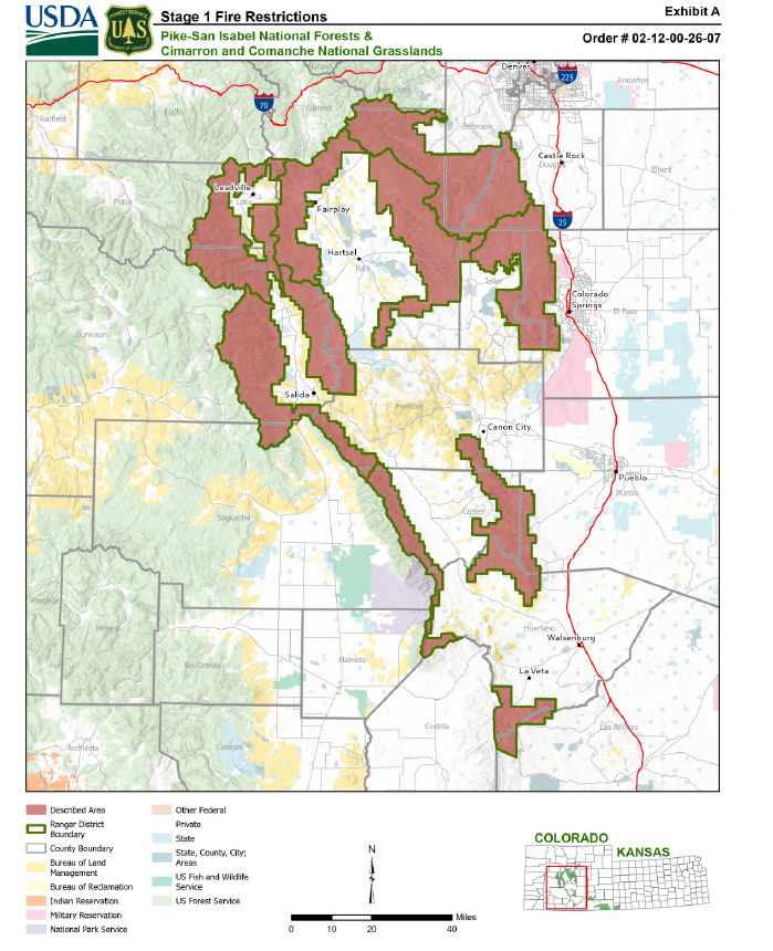 Map showing Stage 1 fire restrictions in Pike-San Isabel National Forests & Cimarron and Comanche National Grasslands, Colorado.