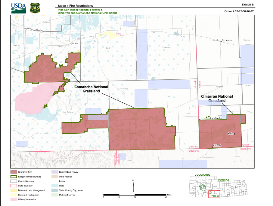 Map showing fire restrictions in the Pike-San Isabel National Forest and Cimarron/Comanche National Grasslands, CO/KS.