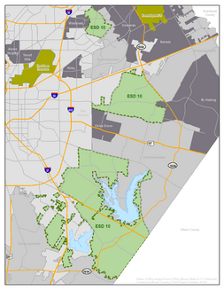 The image is a map showing various regions, including ESD areas, highways, and water bodies in a specific location.