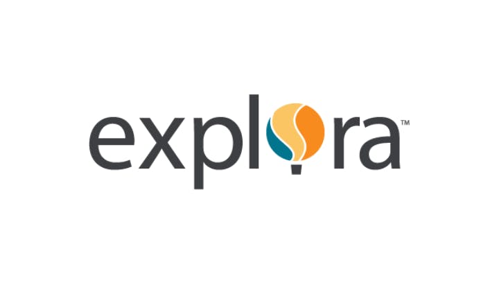 The image features the word "explora" with a stylized orange and blue design replacing the letter "o".