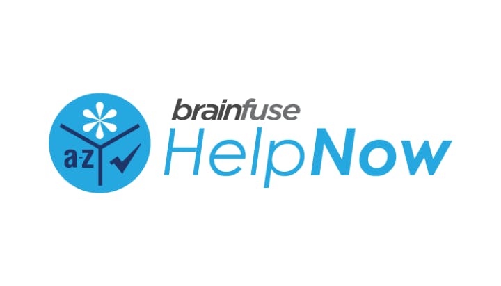 Logo of "Brainfuse HelpNow" featuring a blue icon with a checkmark and text.