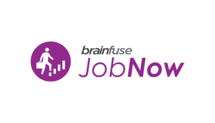 Logo of Brainfuse JobNow with a purple icon of a person ascending steps, carrying a briefcase.