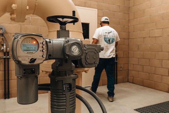 Industrial valve control unit in the foreground; person in a room in the background.