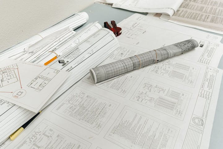 Architectural plans and blueprints are scattered on a table, with pencils and a rolled-up drawing in focus.