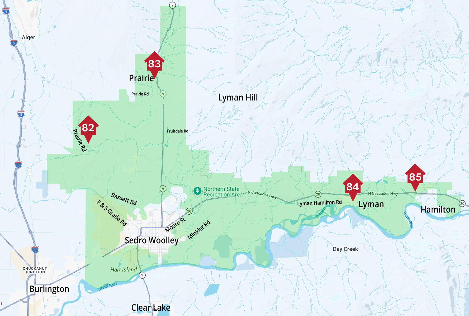 The image is a map displaying various locations and numbers (82, 83, 84, 85) around Sedro Woolley, Lyman, and Hamilton in Washington.