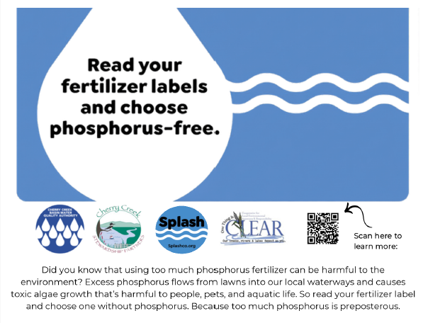 The image emphasizes choosing phosphorus-free fertilizers to protect waterways from harmful algae growth.
