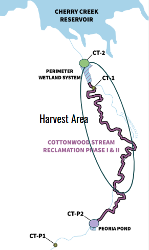 Map showing Cottonwood Stream Reclamation areas, Cherry Creek Reservoir, Perimeter Wetland System, and harvest areas.
