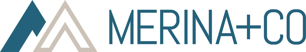 Merina+Co logo. Mountains. Teal text.