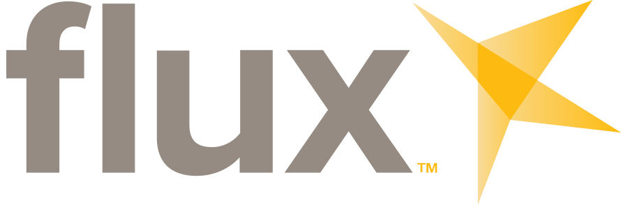 The image shows the word "flux" in gray letters next to a stylized yellow star design.