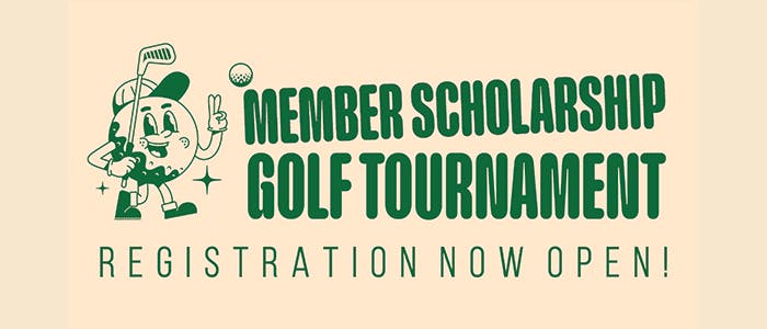 Cartoon golfer with text: "Member Scholarship Golf Tournament. Registration Now Open!"