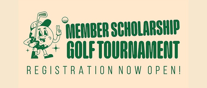 Cartoon golfer with text: "Member Scholarship Golf Tournament. Registration Now Open!"