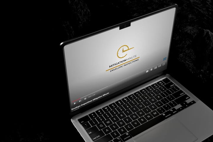 A laptop displaying a video titled "MITIGATIONMINUTE ENVELOPE INSPECTIONS" on a dark background.