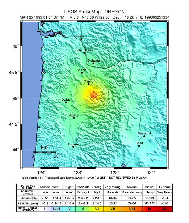 May contain: plot, map, diagram, and atlas. Example of earthquake magnitude and shaking intensity from the 1993 Scotts Mills “Spring Break Quake”.