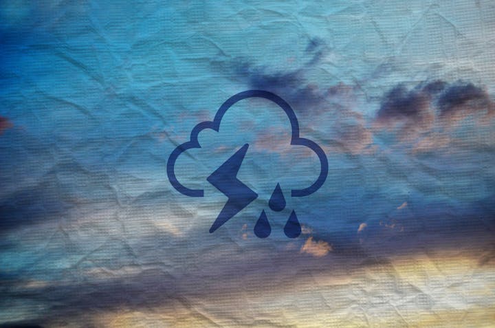 A textured image overlaid with a weather icon depicting a stormy cloud with rain and lightning.
