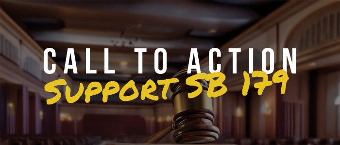 Text "Call to Action: Support SB 179" over a courtroom background.
