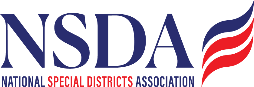 Logo of the National Special Districts Association with a red and blue abstract flame design.
