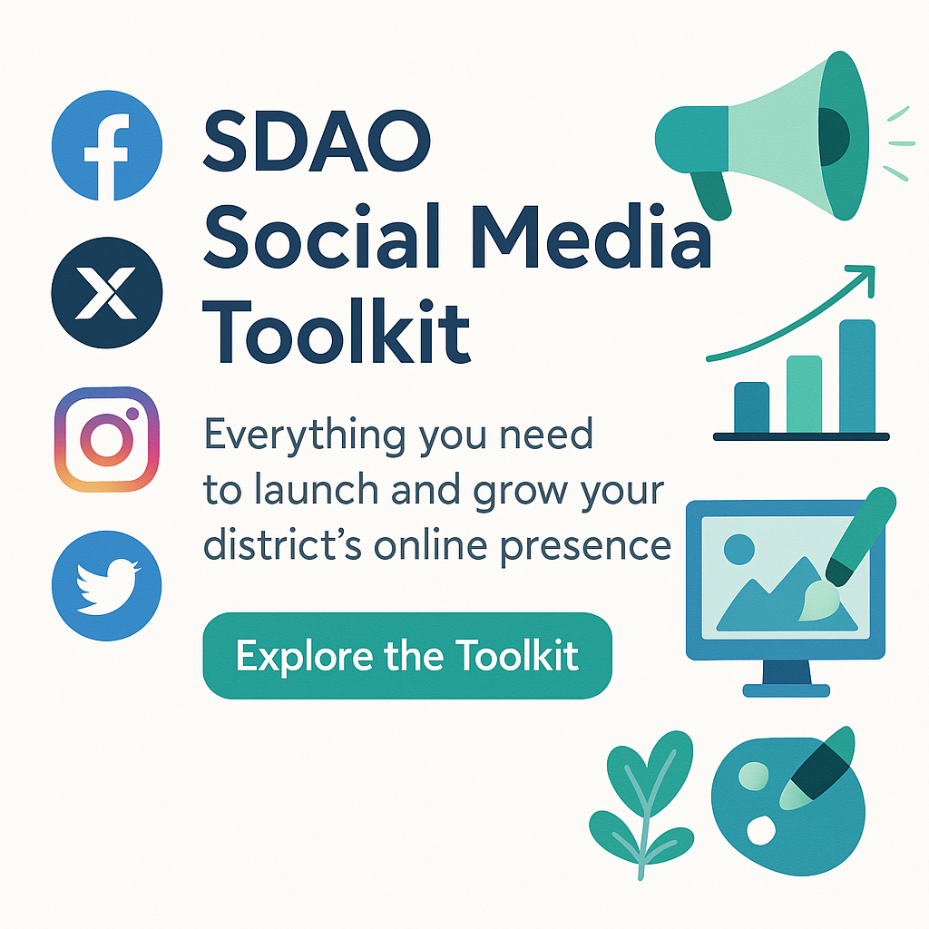 SDAO Social Media Toolkit, featuring Facebook, X, Instagram, Twitter icons, and a call to "Explore the Toolkit" for online growth.