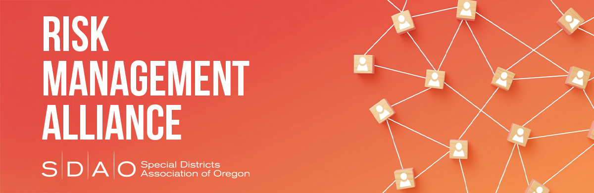 The image features the text "Risk Management Alliance" by SDA, representing the Special Districts Association of Oregon, with a network design.