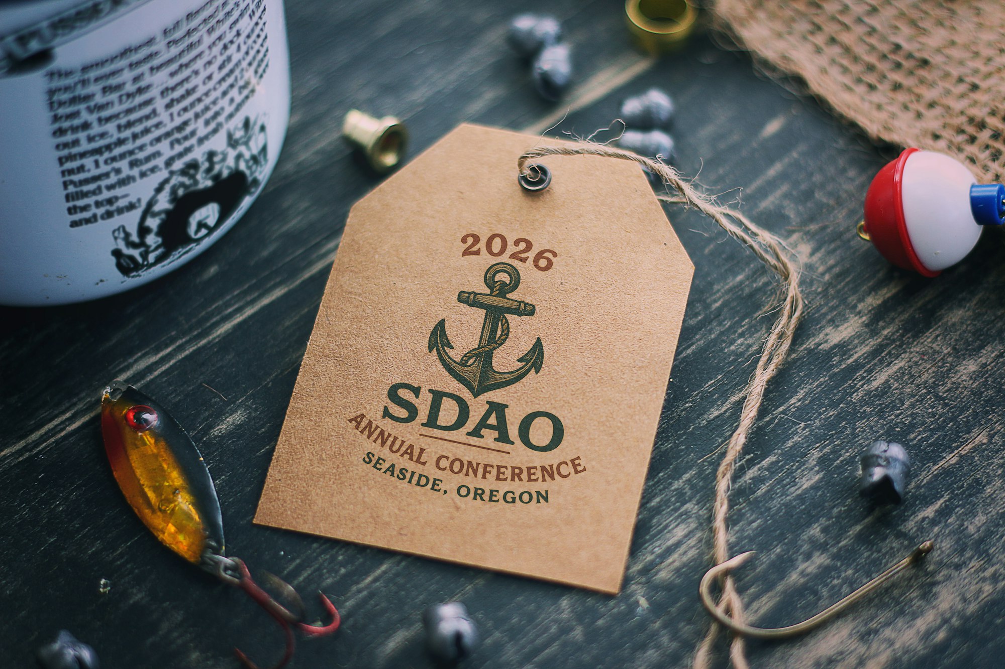A brown tag for the 2026 SDAO Annual Conference in Seaside, Oregon, surrounded by fishing gear and accessories.