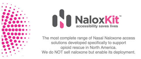 Logo and info about NaloxKit, offering nasal Naloxone access solutions for opioid rescue in North America.