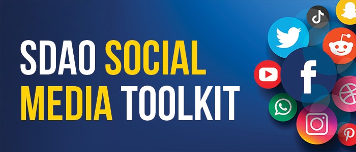 SDAO Social Media Toolkit text with various social media icons on a blue background.