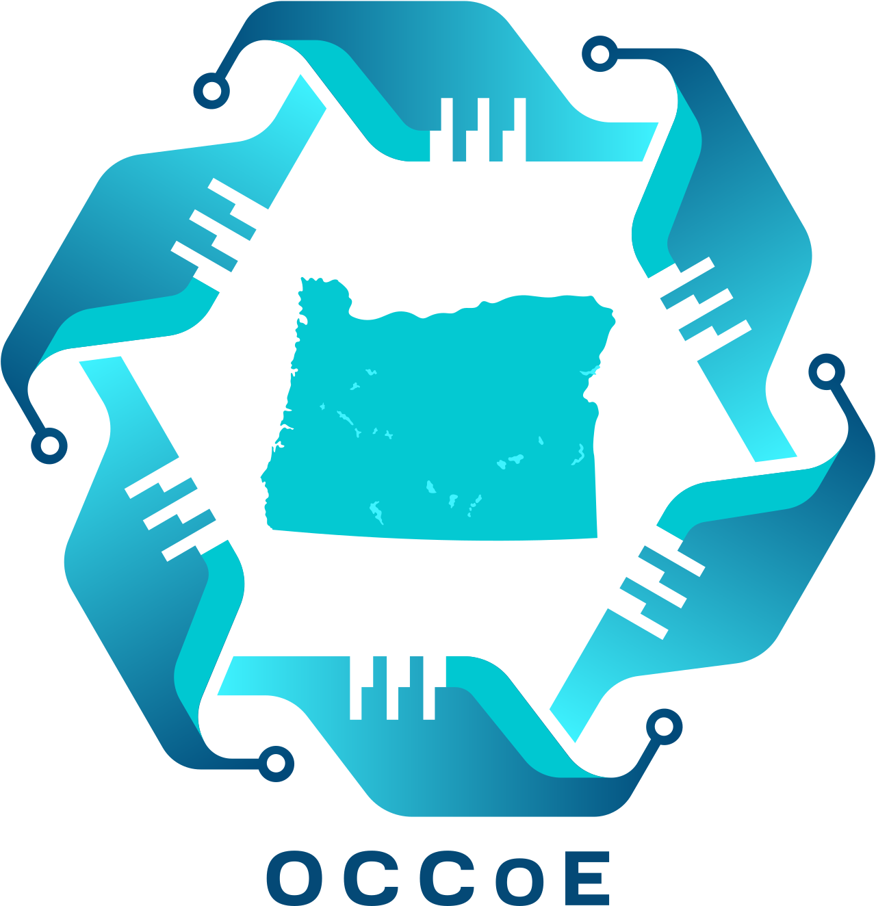 Abstract blue shapes surrounding a central element, with text "OCCOE" at the bottom.