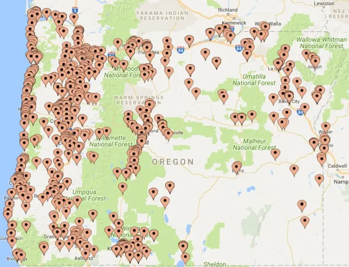 The image is a map of Oregon marked with numerous location pins, likely indicating points of interest or features like parks or trails.