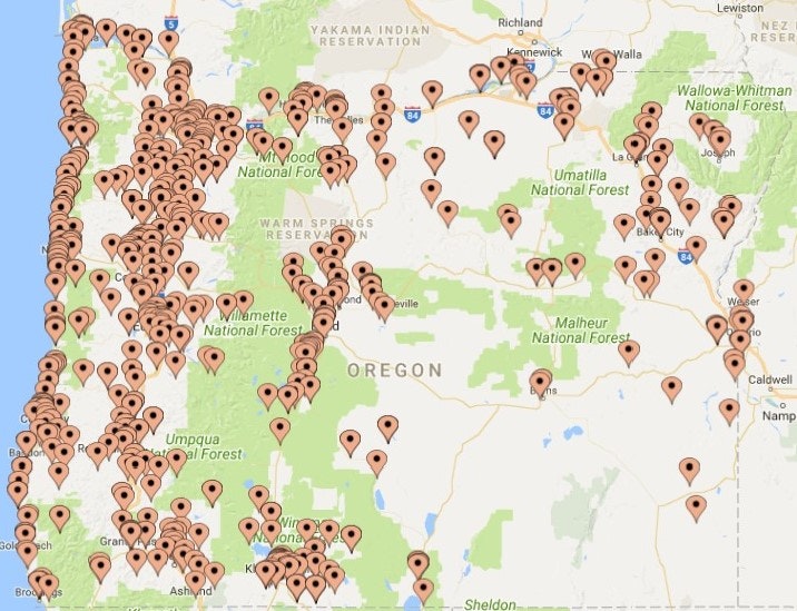 The image is a map of Oregon marked with numerous location pins, likely indicating points of interest or features like parks or trails.