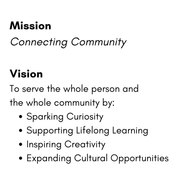 An image showing a "Mission: Connecting Community" and a "Vision" that aims to serve by sparking curiosity, supporting learning, inspiring creativity, and expanding culture.