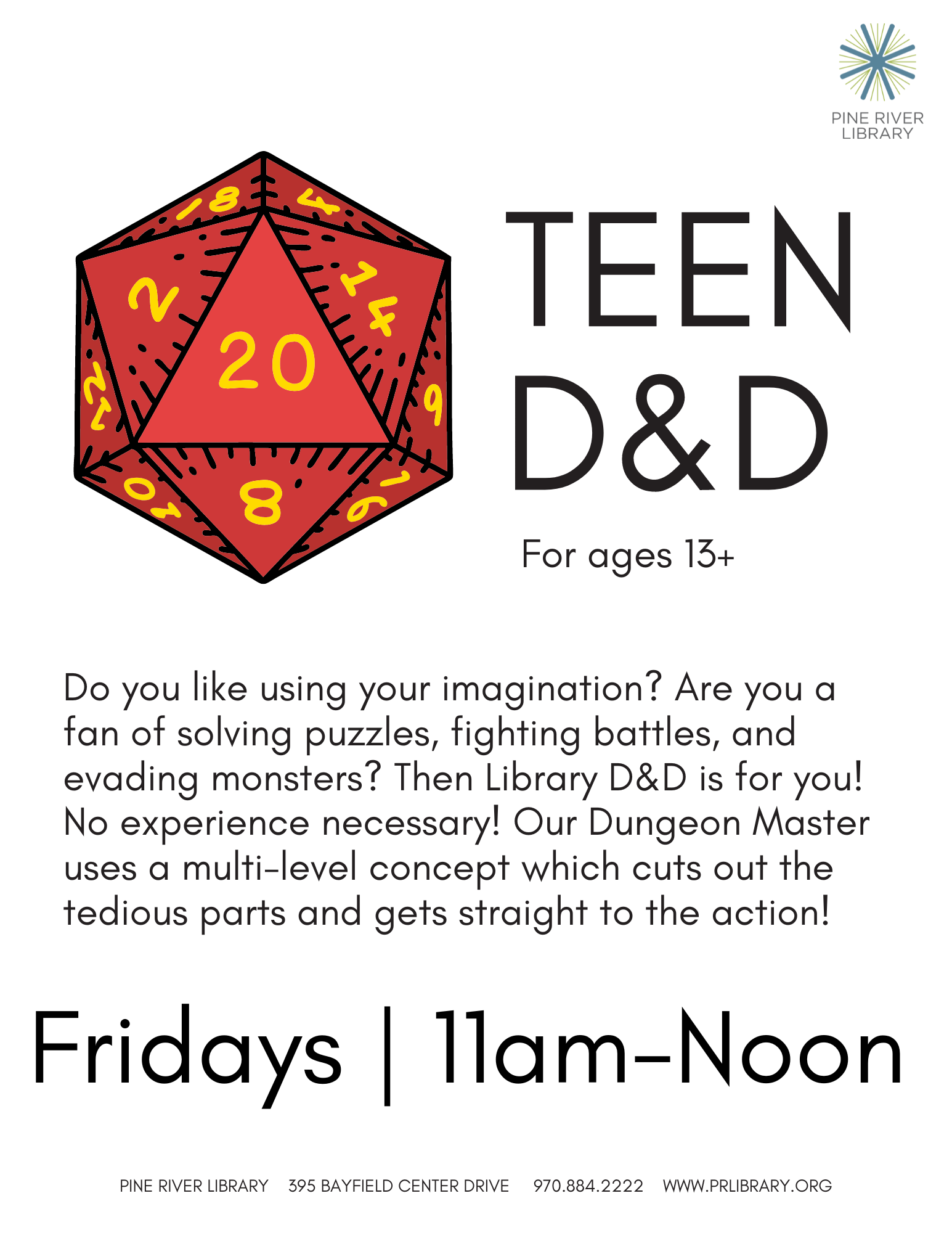 An ad for a Teen Dungeons & Dragons event at Pine River Library, Fridays 11 am-Noon for ages 13+.