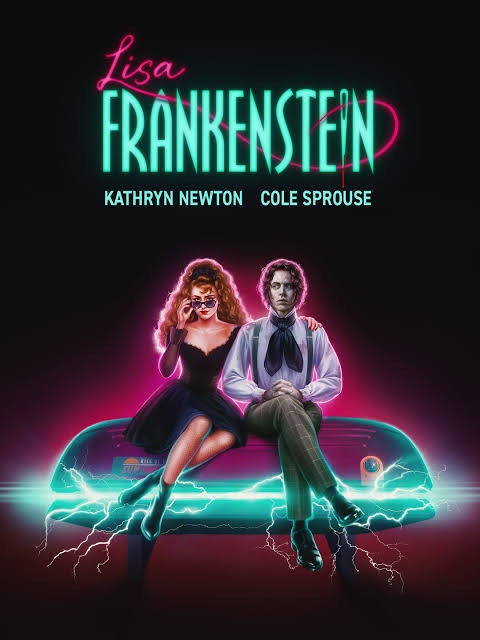 Poster for "Lisa Frankenstein" featuring two characters on a neon-lit car, starring Kathryn Newton and Cole Sprouse.